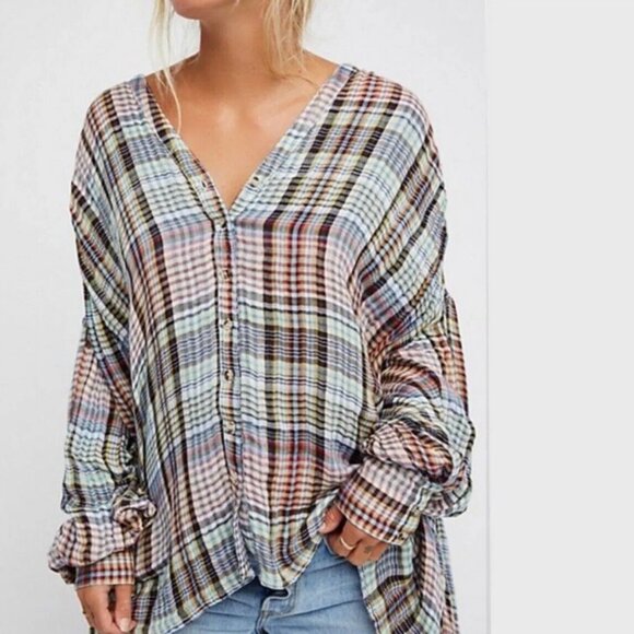 FREE PEOPLE Come On Over Plaid Flannel Oversized Hi-Low‎ Top Raw Hem - Picture 1 of 13